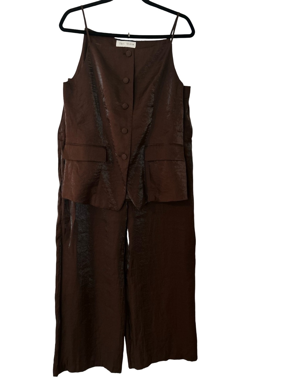 Zara Chocolate Brown Wide-Leg Jumpsuit with Button Vest